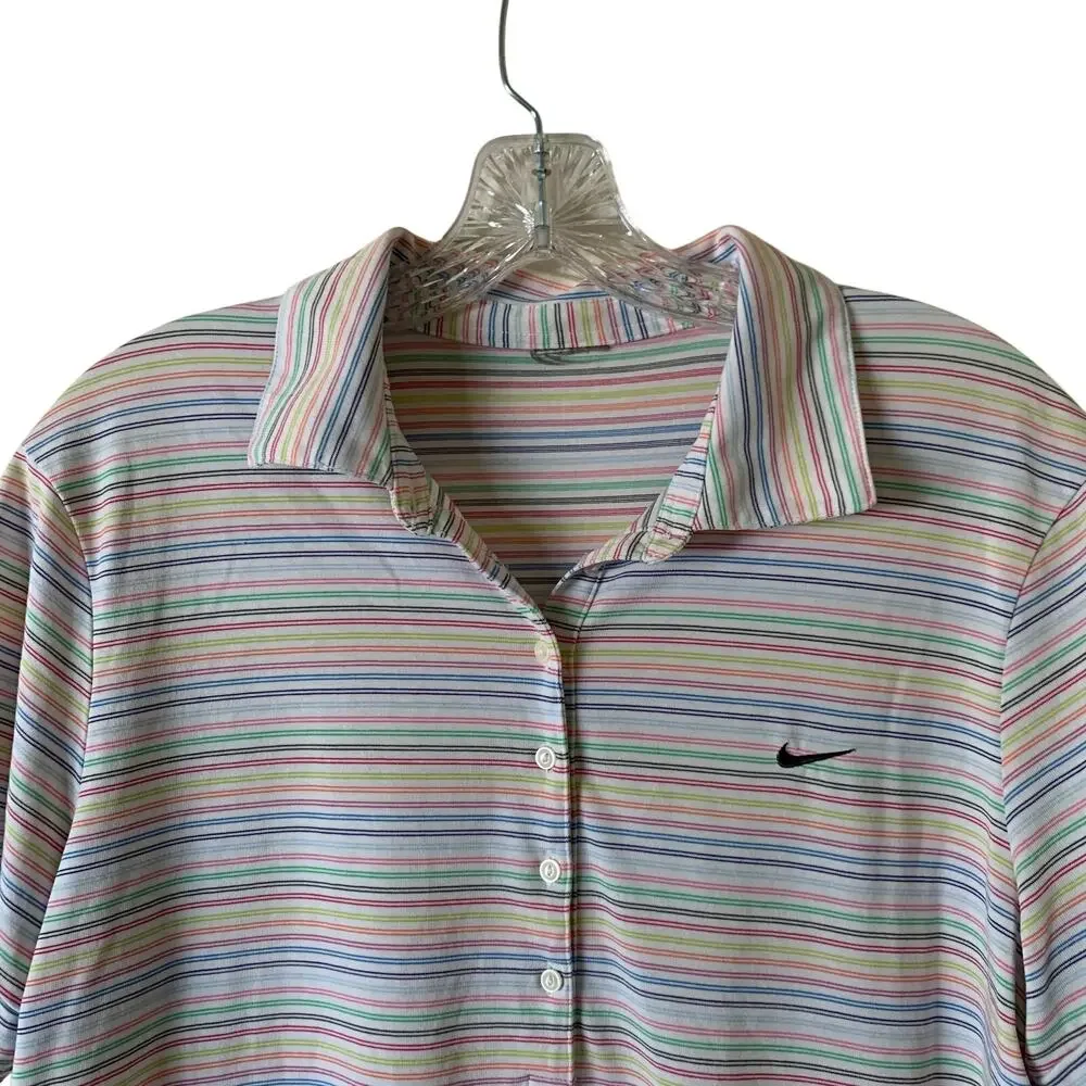 Vtg Nike Womens Large Sz Pastel Horz Rainbow Stripes White Short Slv Polo Shirt